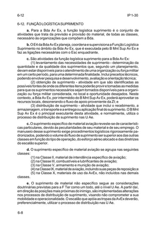 IP 1-30 
6-12 
6-12. FUNÇÃO LOGÍSTICA SUPRIMENTO 
6-8 
a. Para a Bda Av Ex, a função logística suprimento é o conjunto de 
atividades que trata da previsão e provisão do material, de todas as classes, 
necessário às organizações que compõem a Bda. 
b. O E4 da Bda Av Ex planeja, coordena e supervisiona a Função Logística 
Suprimento no âmbito da Bda Av Ex, que é executada pelo B Mnt Sup Av Ex e 
faz as ligações necessárias com o Esc enquadrante. 
c. São atividades da função logística suprimento para a Bda Av Ex: 
(1) levantamento das necessidades de suprimento - determinação da 
quantidade e da qualidade dos suprimentos que, segundo um planejamento, 
devam estar disponíveis para o atendimento de uma organização ou força militar 
em um certo período, para uma determinada finalidade. Inclui preceitos técnicos, 
podendo envolver pesquisa e desenvolvimento, avaliação e orientação técnica; 
(2) obtenção de suprimento - atividade em que são identificadas as 
possíveis fontes de onde os diferentes itens poderão provir e tomadas as medidas 
para que os suprimentos necessários sejam tornados disponíveis para a organi-zação 
ou força militar considerada, no local e oportunidade desejados. Neste 
contexto, a Bda Av Ex, por intermédio do B Mnt Sup Av Ex, poderá aproveitar os 
recursos locais, desonerando o fluxo de apoio proveniente da ZI; e 
(3) distribuição de suprimento - atividade que inclui o recebimento, a 
armazenagem, o transporte e a entrega ou aplicação final do suprimento. O B Mnt 
Sup Av Ex é o principal executante desta atividade, e normalmente, utiliza o 
processo de distribuição de suprimento nas U Ae. 
c. O suprimento específico de material aviação reveste-se de característi-cas 
particulares, devido às peculiaridades de seu material e de seu emprego. O 
manuseio desse suprimento exige procedimentos logísticos rigorosamente pa-dronizados, 
podendo o volume do fluxo de suprimento ser superior aos das outras 
classes em função do tipo de operação, do esforço aéreo alocado e das diretrizes 
do escalão superior. 
d. O suprimento específico de material aviação se agrupa nas seguintes 
classes: 
(1) na Classe II, material de intendência específico de aviação; 
(2) na Classe III, combustíveis e lubrificantes de aviação; 
(3) na Classe V, armamento e munição de aviação; 
(4) na Classe IX, material de aviação, incluindo suas peças de reposição;e 
(5) na Classe X, materiais de uso da AvEx, não incluídos nas demais 
classes. 
e. O suprimento de material não específico segue as considerações 
doutrinárias previstas para a F Ter como um todo, até o nível U Ae. A partir daí, 
em direção às posições mais próximas do inimigo, são implementadas alterações 
nos processos de distribuição de suprimento, visando não comprometer a sua 
mobilidade e operacionalidade. O escalão que apóia as tropas da AvEx deverão, 
preferencialmente, utilizar o processo de distribuição nas U Ae. 
 