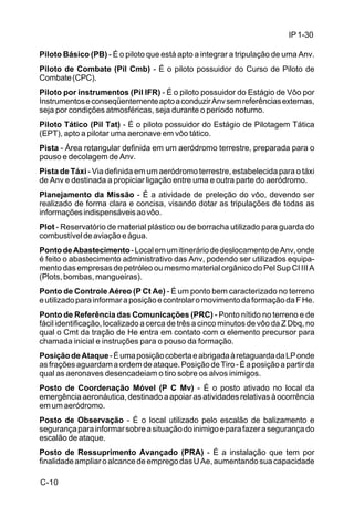 IP 1-30 
Piloto Básico (PB) - É o piloto que está apto a integrar a tripulação de uma Anv. 
Piloto de Combate (Pil Cmb) - É o piloto possuidor do Curso de Piloto de 
Combate (CPC). 
Piloto por instrumentos (Pil IFR) - É o piloto possuidor do Estágio de Vôo por 
Instrumentos e conseqüentemente apto a conduzir Anv sem referências externas, 
seja por condições atmosféricas, seja durante o período noturno. 
Piloto Tático (Pil Tat) - É o piloto possuidor do Estágio de Pilotagem Tática 
(EPT), apto a pilotar uma aeronave em vôo tático. 
Pista - Área retangular definida em um aeródromo terrestre, preparada para o 
pouso e decolagem de Anv. 
Pista de Táxi - Via definida em um aeródromo terrestre, estabelecida para o táxi 
de Anv e destinada a propiciar ligação entre uma e outra parte do aeródromo. 
Planejamento da Missão - É a atividade de preleção do vôo, devendo ser 
realizado de forma clara e concisa, visando dotar as tripulações de todas as 
informações indispensáveis ao vôo. 
Plot - Reservatório de material plástico ou de borracha utilizado para guarda do 
combustível de aviação e água. 
Ponto de Abastecimento - Local em um itinerário de deslocamento de Anv, onde 
é feito o abastecimento administrativo das Anv, podendo ser utilizados equipa-mento 
C-10 
das empresas de petróleo ou mesmo material orgânico do Pel Sup CI III A 
(Plots, bombas, mangueiras). 
Ponto de Controle Aéreo (P Ct Ae) - É um ponto bem caracterizado no terreno 
e utilizado para informar a posição e controlar o movimento da formação da F He. 
Ponto de Referência das Comunicações (PRC) - Ponto nítido no terreno e de 
fácil identificação, localizado a cerca de três a cinco minutos de vôo da Z Dbq, no 
qual o Cmt da tração de He entra em contato com o elemento precursor para 
chamada inicial e instruções para o pouso da formação. 
Posição de Ataque - É uma posição coberta e abrigada à retaguarda da LP onde 
as frações aguardam a ordem de ataque. Posição de Tiro - É a posição a partir da 
qual as aeronaves desencadeiam o tiro sobre os alvos inimigos. 
Posto de Coordenação Móvel (P C Mv) - É o posto ativado no local da 
emergência aeronáutica, destinado a apoiar as atividades relativas à ocorrência 
em um aeródromo. 
Posto de Observação - É o local utilizado pelo escalão de balizamento e 
segurança para informar sobre a situação do inimigo e para fazer a segurança do 
escalão de ataque. 
Posto de Ressuprimento Avançado (PRA) - É a instalação que tem por 
finalidade ampliar o alcance de emprego das U Ae, aumentando sua capacidade 
 
