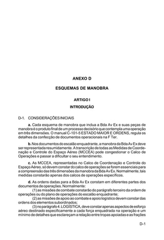 D-1 
IP 1-30 
ANEXO D 
ESQUEMAS DE MANOBRA 
ARTIGO I 
INTRODUÇÃO 
D-1. CONSIDERAÇÕES INICIAIS 
a. Cada esquema de manobra que inclua a Bda Av Ex e suas peças de 
manobra é o produto final de um processo decisório que contempla uma operação 
em três dimensões. O manual C-101-5 ESTADO MAIOR E ORDENS, regula os 
detalhes da confecção de documentos operacionais na F Ter. 
b. Nos documentos do escalão enquadrante, a manobra da Bda Av Ex deve 
ser representada resumidamente. A transcrição de todas as Medidas de Coorde-nação 
e Controle do Espaço Aéreo (MCCEA) pode congestionar o Calco de 
Operações e passar a dificultar o seu entendimento. 
c. As MCCEA, representadas no Calco de Coordenação e Controle do 
Espaço Aéreo, só devem constar do calco de operações se forem essenciais para 
a compreensão das três dimensões da manobra da Bda Av Ex. Normalmente, tais 
medidas constarão apenas dos calcos de operações específicos. 
d. As ordens dadas para a Bda Av Ex constam em diferentes partes dos 
documentos de operações. Normalmente: 
(1) as missões de combate constarão do parágrafo terceiro da ordem de 
operações ou do plano de operações do escalão enquadrante; 
(2) as missões de apoio ao combate e apoio logístico devem constar das 
ordens dos elementos subordinados; 
(3) no parágrafo 4. LOGÍSTICA, deve constar apenas aspectos de esforço 
aéreo destinado especificamente a cada força enquadrada na operação e um 
mínimo de detalhes que esclareçam a relação entre tropas apoiadas e as frações 
 