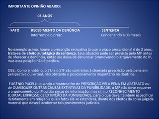 IMPORTANTE OPINIÃO ABAIXO:

                  03 ANOS

_____________________________________________________________
 FATO       RECEBIMENTO DA DENÚNCIA            SENTENÇA
            Interrompe o prazo                 Condenando a 08 meses


No exemplo acima, houve a prescrição retroativa já que o prazo prescricional é de 2 anos,
trata-se de efeito autofágico da sentença. Essa situação pode ser prevista pelo MP antes
de oferecer a denúncia, então ele deixa de denunciar promovendo o arquivamento do IP,
mas essa posição não é pacífica.

OBS.: Como é notório, o STJ e o STF são contrários à chamada prescrição pela pena em
perspectiva ou virtual, não obstante o posicionamento majoritário na doutrina.

 EUGÊNIO PACELLI: quando a hipótese for de PRESCRIÇÃO PELA PENA EM ABSTRATO ou
de QUAISQUER OUTRAS CAUSAS EXTINTIVAS DA PUNIBILIDADE, o MP não deve requerer
o arquivamento do IP ou das peças de informação, mas sim, o RECONHECIMENTO
JUDICIAL EXPRESSO da EXTINÇÃO DA PUNIBILIDADE, para o que deve, também especificar
detidamente em relação a quais fatos ela se estenderá, diante dos efeitos da coisa julgada
material que deverá acobertar tais provimentos judiciais.
 