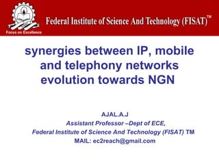 synergies between IP, mobile
  and telephony networks
  evolution towards NGN

                          AJAL.A.J
             Assistant Professor –Dept of ECE,
 Federal Institute of Science And Technology (FISAT) TM
                MAIL: ec2reach@gmail.com
 