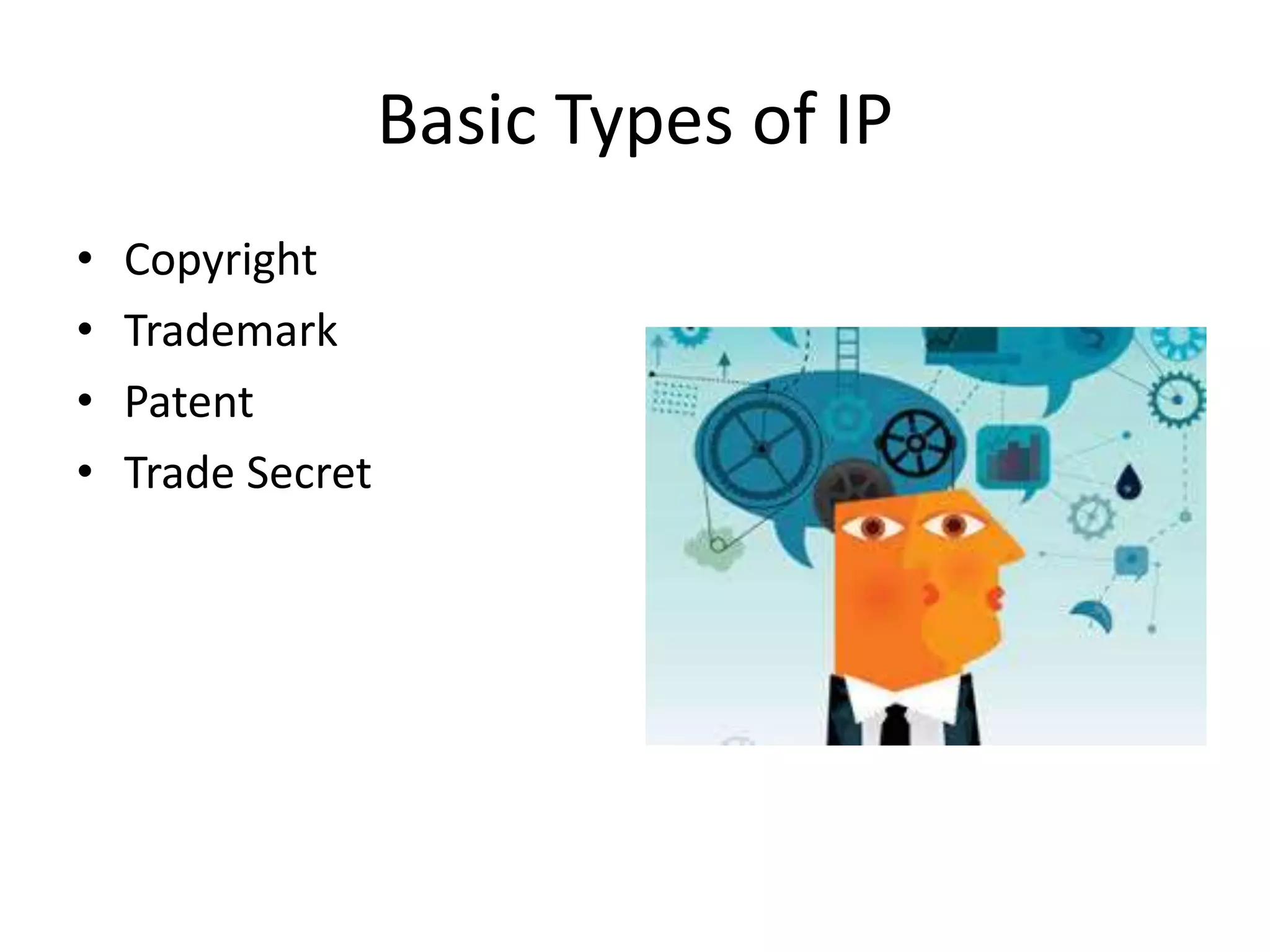 Basic Types of IP
• Copyright
• Trademark
• Patent
• Trade Secret
 