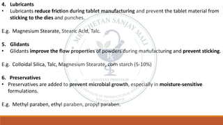 4. Lubricants
• Lubricants reduce friction during tablet manufacturing and prevent the tablet material from
sticking to the dies and punches.
E.g. Magnesium Stearate, Stearic Acid, Talc.
5. Glidants
• Glidants improve the flow properties of powders during manufacturing and prevent sticking.
E.g. Colloidal Silica, Talc, Magnesium Stearate, corn starch (5-10%)
6. Preservatives
• Preservatives are added to prevent microbial growth, especially in moisture-sensitive
formulations.
E.g. Methyl paraben, ethyl paraben, propyl paraben.
 