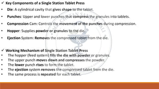 ✓ Key Components of a Single Station Tablet Press
• Die: A cylindrical cavity that gives shape to the tablet.
• Punches: Upper and lower punches that compress the granules into tablets.
• Compression Cam: Controls the movement of the punches during compression.
• Hopper: Supplies powder or granules to the die.
• Ejection System: Removes the compressed tablet from the die.
✓ Working Mechanism of Single Station Tablet Press
• The hopper (feed system) fills the die with powder or granules.
• The upper punch moves down and compresses the powder.
• The lower punch rises to form the tablet.
• The ejection system removes the compressed tablet from the die.
• The same process is repeated for each tablet.
 