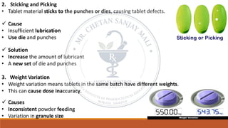 2. Sticking and Picking
• Tablet material sticks to the punches or dies, causing tablet defects.
✓ Cause
• Insufficient lubrication
• Use die and punches
✓ Solution
• Increase the amount of lubricant
• A new set of die and punches
3. Weight Variation
• Weight variation means tablets in the same batch have different weights.
• This can cause dose inaccuracy.
✓ Causes
• Inconsistent powder feeding
• Variation in granule size
 