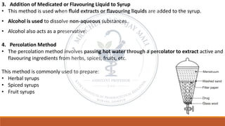 3. Addition of Medicated or Flavouring Liquid to Syrup
• This method is used when fluid extracts or flavouring liquids are added to the syrup.
• Alcohol is used to dissolve non-aqueous substances.
• Alcohol also acts as a preservative.
4. Percolation Method
• The percolation method involves passing hot water through a percolator to extract active and
flavouring ingredients from herbs, spices, fruits, etc.
This method is commonly used to prepare:
• Herbal syrups
• Spiced syrups
• Fruit syrups
 