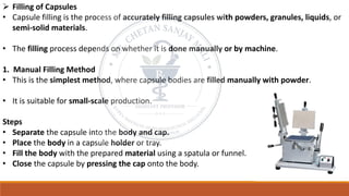 ➢ Filling of Capsules
• Capsule filling is the process of accurately filling capsules with powders, granules, liquids, or
semi-solid materials.
• The filling process depends on whether it is done manually or by machine.
1. Manual Filling Method
• This is the simplest method, where capsule bodies are filled manually with powder.
• It is suitable for small-scale production.
Steps
• Separate the capsule into the body and cap.
• Place the body in a capsule holder or tray.
• Fill the body with the prepared material using a spatula or funnel.
• Close the capsule by pressing the cap onto the body.
 
