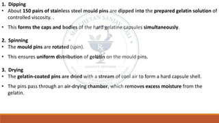 1. Dipping
• About 150 pairs of stainless steel mould pins are dipped into the prepared gelatin solution of
controlled viscosity. .
• This forms the caps and bodies of the hard gelatine capsules simultaneously.
2. Spinning
• The mould pins are rotated (spin).
• This ensures uniform distribution of gelatin on the mould pins.
3. Drying
• The gelatin-coated pins are dried with a stream of cool air to form a hard capsule shell.
• The pins pass through an air-drying chamber, which removes excess moisture from the
gelatin.
 