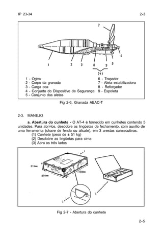 2-5 
IP 23-34 
1 - Ogiva 6 - Traçador 
2 - Corpo da granada 7 - Aleta estabilizadora 
3 - Carga oca 8 - Reforçador 
4 - Conjunto do Dispositivo de Segurança 9 - Espoleta 
5 - Conjunto das aletas 
Fig 2-6. Granada AEAC-T 
2-3. MANEJO 
a. Abertura do cunhete - O AT-4 é fornecido em cunhetes contendo 5 
unidades. Para abri-los, desdobre as lingüetas de fechamento, com auxílio de 
uma ferramenta (chave de fenda ou alicate), em 3 arestas consecutivas. 
(1) Cunhete (peso de ± 51 kg) 
(2) Desdobre as lingüetas para cima 
(3) Abra os três lados 
Fig 2-7 - Abertura do cunhete 
2-3 
 