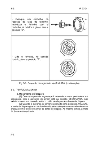 IP 23-34 
3-6 
- Coloque um cartucho no 
recesso da face do ferrolho. 
Introduza o ferrolho com o 
cartucho na culatra e gire-o para a 
posição "S". 
- Gire o ferrelho, no sentido 
horário, para a posição "F". 
3-6 
Fig 3-6. Fases do carregamento do Scal AT-4 (continuação) 
3-6. FUNCIONAMENTO 
a. Mecanismo de Disparo 
(1) Quando o pino de segurança é removido, a arma permanece em 
segurança, pois a alavanca de armar está na posição SEGURANÇA, não 
existindo nenhuma conexão entre o botão de disparo e a haste de disparo. 
(2) Quando a alavanca de armar é acionada para a posição ARMADO, 
a haste de disparo gira no sentido horário, de modo que o seu entalhe de armar 
engraza com o dente de armar do botão de disparo. Ao mesmo tempo, a mola 
da haste é comprimida. 
 