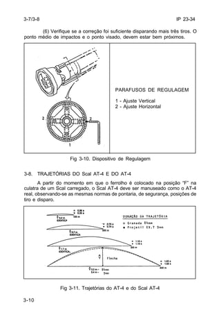 IP 23-34 
3-10 
(6) Verifique se a correção foi suficiente disparando mais três tiros. O 
ponto médio de impactos e o ponto visado, devem estar bem próximos. 
PARAFUSOS DE REGULAGEM 
1 - Ajuste Vertical 
2 - Ajuste Horizontal 
Fig 3-10. Dispositivo de Regulagem 
3-8. TRAJETÓRIAS DO Scal AT-4 E DO AT-4 
A partir do momento em que o ferrolho é colocado na posição “F” na 
culatra de um Scal carregado, o Scal AT-4 deve ser manuseado como o AT-4 
real, observando-se as mesmas normas de pontaria, de segurança, posições de 
tiro e disparo. 
Fig 3-11. Trajetórias do AT-4 e do Scal AT-4 
3-7/3-8 
 