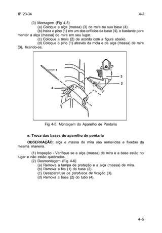 4-5 
IP 23-34 
(3) Montagem (Fig 4-5) 
(a) Coloque a alça (massa) (3) de mira na sua base (4). 
(b) lnsira o pino (1) em um dos orifícios da base (4), o bastante para 
manter a alça (massa) de mira em seu lugar. 
(c) Coloque a mola (2) de acordo com a figura abaixo. 
(d) Coloque o pino (1) através da mola e da alça (massa) de mira 
(3), fixando-os. 
Fig 4-5. Montagem do Aparelho de Pontaria 
e. Troca das bases do aparelho de pontaria 
OBSERVAÇÃO: alça e massa de mira são removidas e fixadas da 
mesma maneira. 
(1) Inspeção - Verifique se a alça (massa) de mira e a base estão no 
lugar e não estão quebradas. 
(2) Desmontagem (Fig 4-6) 
(a) Remova a tampa de proteção e a alça (massa) de mira. 
(b) Remova a fita (1) da base (2). 
(c) Desaparafuse os parafusos de fixação (3). 
(d) Remova a base (2) do tubo (4). 
4-2 
 