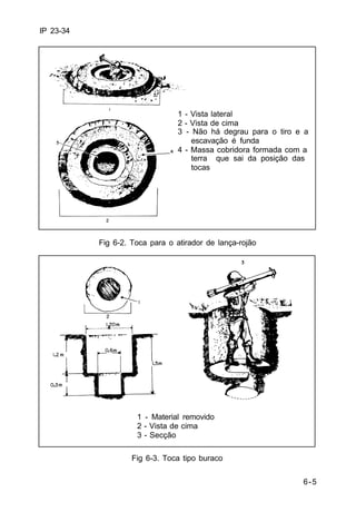 1 - Vista lateral 
2 - Vista de cima 
3 - Não há degrau para o tiro e a 
4 - Massa cobridora formada com a 
terra que sai da posição das 
tocas 
6-5 
IP 23-34 
escavação é funda 
Fig 6-2. Toca para o atirador de lança-rojão 
1 - Material removido 
2 - Vista de cima 
3 - Secção 
Fig 6-3. Toca tipo buraco 
 