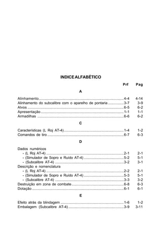 INDICE ALFABÉTICO 
Prf Pag 
A 
Alinhamento.............................................................................4-4 4-14 
Alinhamento do subcalibre com o aparelho de pontaria ..............3-7 3-9 
Alvos .......................................................................................6-5 6-2 
Apresentação ...........................................................................1-1 1-1 
Armadilhas ..............................................................................6-6 6-2 
C 
Características (L Roj AT-4) ......................................................1-4 1-2 
Comandos de tiro .....................................................................6-7 6-3 
D 
Dados numéricos 
- (L Roj AT-4) ......................................................................2-1 2-1 
- (Simulador de Sopro e Ruído AT-4) ....................................5-2 5-1 
- (Subcalibre AT-4) ..............................................................3-2 3-1 
Descrição e nomenclatura 
- (L Roj AT-4) ......................................................................2-2 2-1 
- (Simulador de Sopro e Ruído AT-4) ....................................5-3 5-1 
- (Subcalibre AT-4) ..............................................................3-3 3-2 
Destruição em zona de combate ...............................................6-8 6-3 
Dotação ...................................................................................6-1 6-1 
E 
Efeito atrás da blindagem .........................................................1-6 1-2 
Embalagem (Subcalibre AT-4) ..................................................3-9 3-11 
 