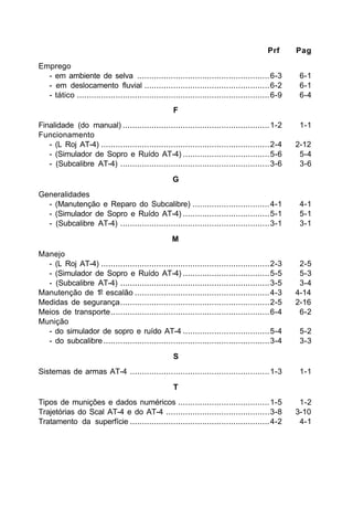 Prf Pag 
Emprego 
- em ambiente de selva .......................................................6-3 6-1 
- em deslocamento fluvial ....................................................6-2 6-1 
- tático ................................................................................6-9 6-4 
F 
Finalidade (do manual) .............................................................1-2 1-1 
Funcionamento 
- (L Roj AT-4) ......................................................................2-4 2-12 
- (Simulador de Sopro e Ruído AT-4) ....................................5-6 5-4 
- (Subcalibre AT-4) ..............................................................3-6 3-6 
G 
Generalidades 
- (Manutenção e Reparo do Subcalibre) ................................4-1 4-1 
- (Simulador de Sopro e Ruído AT-4) ....................................5-1 5-1 
- (Subcalibre AT-4) ..............................................................3-1 3-1 
M 
Manejo 
- (L Roj AT-4) ......................................................................2-3 2-5 
- (Simulador de Sopro e Ruído AT-4) ....................................5-5 5-3 
- (Subcalibre AT-4) ..............................................................3-5 3-4 
Manutenção de 1º escalão ........................................................4-3 4-14 
Medidas de segurança..............................................................2-5 2-16 
Meios de transporte..................................................................6-4 6-2 
Munição 
- do simulador de sopro e ruído AT-4 ....................................5-4 5-2 
- do subcalibre .....................................................................3-4 3-3 
S 
Sistemas de armas AT-4 ..........................................................1-3 1-1 
T 
Tipos de munições e dados numéricos ......................................1-5 1-2 
Trajetórias do Scal AT-4 e do AT-4 ...........................................3-8 3-10 
Tratamento da superfície ..........................................................4-2 4-1 
 