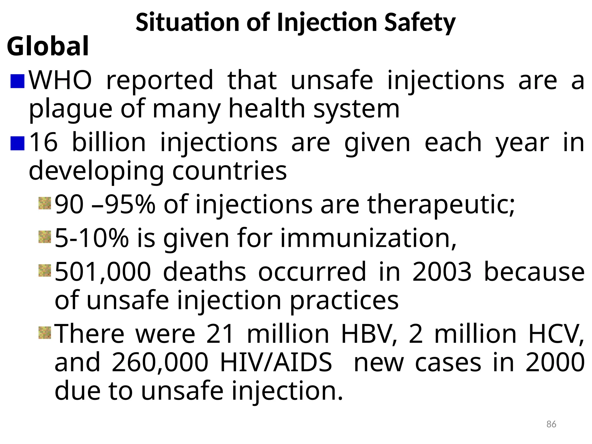 86
Situation of Injection Safety
Global
WHO reported that unsafe injections are a
plague of many health system
16 billion injections are given each year in
developing countries
90 –95% of injections are therapeutic;
5-10% is given for immunization,
501,000 deaths occurred in 2003 because
of unsafe injection practices
There were 21 million HBV, 2 million HCV,
and 260,000 HIV/AIDS new cases in 2000
due to unsafe injection.
 