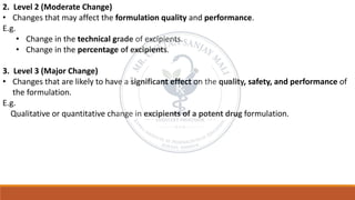 2. Level 2 (Moderate Change)
• Changes that may affect the formulation quality and performance.
E.g.
• Change in the technical grade of excipients.
• Change in the percentage of excipients.
3. Level 3 (Major Change)
• Changes that are likely to have a significant effect on the quality, safety, and performance of
the formulation.
E.g.
Qualitative or quantitative change in excipients of a potent drug formulation.
 