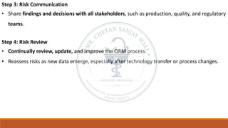 Step 3: Risk Communication
• Share findings and decisions with all stakeholders, such as production, quality, and regulatory
teams.
Step 4: Risk Review
• Continually review, update, and improve the QRM process.
• Reassess risks as new data emerge, especially after technology transfer or process changes.
 