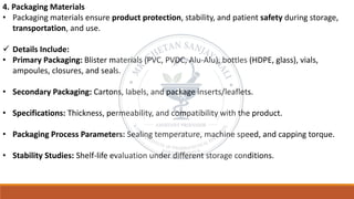 4. Packaging Materials
• Packaging materials ensure product protection, stability, and patient safety during storage,
transportation, and use.
✓ Details Include:
• Primary Packaging: Blister materials (PVC, PVDC, Alu-Alu), bottles (HDPE, glass), vials,
ampoules, closures, and seals.
• Secondary Packaging: Cartons, labels, and package inserts/leaflets.
• Specifications: Thickness, permeability, and compatibility with the product.
• Packaging Process Parameters: Sealing temperature, machine speed, and capping torque.
• Stability Studies: Shelf-life evaluation under different storage conditions.
 