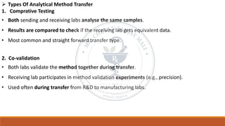 ➢ Types Of Analytical Method Transfer
1. Comprative Testing
• Both sending and receiving labs analyse the same samples.
• Results are compared to check if the receiving lab gets equivalent data.
• Most common and straight forward transfer type.
2. Co-validation
• Both labs validate the method together during transfer.
• Receiving lab participates in method validation experiments (e.g., precision).
• Used often during transfer from R&D to manufacturing labs.
 
