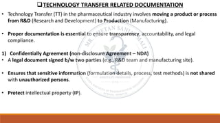 ❑TECHNOLOGY TRANSFER RELATED DOCUMENTATION
• Technology Transfer (TT) in the pharmaceutical industry involves moving a product or process
from R&D (Research and Development) to Production (Manufacturing).
• Proper documentation is essential to ensure transparency, accountability, and legal
compliance.
1) Confidentially Agreement (non-disclosure Agreement – NDA)
• A legal document signed b/w two parties (e.g., R&D team and manufacturing site).
• Ensures that sensitive information (formulation details, process, test methods) is not shared
with unauthorized persons.
• Protect intellectual property (IP).
 