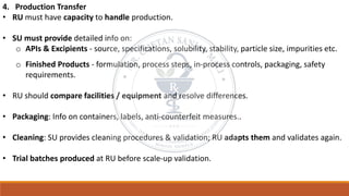 4. Production Transfer
• RU must have capacity to handle production.
• SU must provide detailed info on:
o APIs & Excipients - source, specifications, solubility, stability, particle size, impurities etc.
o Finished Products - formulation, process steps, in-process controls, packaging, safety
requirements.
• RU should compare facilities / equipment and resolve differences.
• Packaging: Info on containers, labels, anti-counterfeit measures..
• Cleaning: SU provides cleaning procedures & validation; RU adapts them and validates again.
• Trial batches produced at RU before scale-up validation.
 