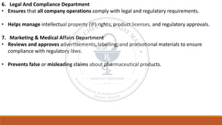 6. Legal And Compliance Department
• Ensures that all company operations comply with legal and regulatory requirements.
• Helps manage intellectual property (IP) rights, product licenses, and regulatory approvals.
7. Marketing & Medical Affairs Department
• Reviews and approves advertisements, labelling, and promotional materials to ensure
compliance with regulatory laws.
• Prevents false or misleading claims about pharmaceutical products.
 