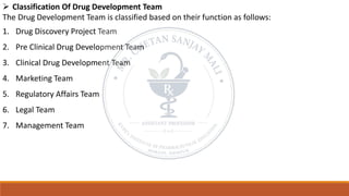➢ Classification Of Drug Development Team
The Drug Development Team is classified based on their function as follows:
1. Drug Discovery Project Team
2. Pre Clinical Drug Development Team
3. Clinical Drug Development Team
4. Marketing Team
5. Regulatory Affairs Team
6. Legal Team
7. Management Team
 