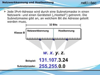 Netzwerkkennung und Hostkennung
Netzwerkkennung Hostkennung
32 Bits
w. x. y. z.
131.107.3.24Beispiel:
Klasse B
Jede IPv4-Adresse wird durch eine Subnetzmaske in einen
Netzwerk- und einen Geräteteil („Hostteil“) getrennt. Die
Subnetzmaske gibt an, an welchem Bit die Adresse geteilt
werden muss.
255.255.0.0Subnetzmaske:
 