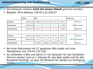 Netzwerkkennung und Hostkennung
Die Adressen müssen nicht bei einem Oktett getrennt werden!
Beispiel: IPv4-Adresse 130.94.122.195/27
Bei einer Netzmaske mit 27 gesetzten Bits ergibt sich eine
Netzadresse von 130.94.122.192.
Es verbleiben 5 Bits und damit 25=32 Adressen für den Geräteteil.
Hiervon werden noch je 1 Adresse für das Netz selbst und für den
Broadcast benötigt, so dass 30 Adressen für Geräte zur Verfügung
stehen.
16
Dezimal Binär Berechnung
IP Adresse 130.094.122.195 10000010 01011110 01111010 11000011 IP Adresse
Subnetzmaske 255.255.255.224 11111111 11111111 11111111 11100000 AND Subnetzmaske
Netzwerkadresse 130.094.122.192 10000010 01011110 01111010 11000000 = Netzwerkteil
IP Adresse 130.094.122.195 10000010 01011110 01111010 11000011 IP Adresse
Subnetzmaske 255.255.255.224 11111111 11111111 11111111 11100000 AND NOT Subnetzmaske
Netzwerkadresse 3 00000000 00000000 00000000 00000011 = Geräteteil
 