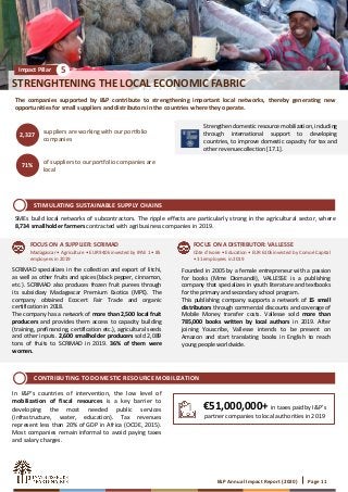 I&P Annual Impact Report (2020) Page 11
STRENGHTENING THE LOCAL ECONOMIC FABRIC
Impact Pillar 5
The companies supported by I&P contribute to strengthening important local networks, thereby generating new
opportunities for small suppliers and distributors in the countries where they operate.
suppliers are working with our portfolio
companies
2,327
of suppliers to our portfolio companies are
local
71%
Strengthen domestic resource mobilization, including
through international support to developing
countries, to improve domestic capacity for tax and
other revenue collection [17.1].
€51,000,000+ in taxes paid by I&P’s
partner companies to local authorities in 2019
In I&P’s countries of intervention, the low level of
mobilization of fiscal resources is a key barrier to
developing the most needed public services
(infrastructure, water, education). Tax revenues
represent less than 20% of GDP in Africa (OCDE, 2015).
Most companies remain informal to avoid paying taxes
and salary charges.
SMEs build local networks of subcontractors. The ripple effects are particularly strong in the agricultural sector, where
8,734 smallholder farmers contracted with agribusiness companies in 2019.
Madagascar • Agriculture • EUR 940k invested by IPAE 1 • 85
employees in 2019
FOCUS ON A SUPPLIER: SCRIMAD
SCRIMAD specializes in the collection and export of litchi,
as well as other fruits and spices (black pepper, cinnamon,
etc.). SCRIMAD also produces frozen fruit purees through
its subsidiary Madagascar Premium Exotica (MPE). The
company obtained Ecocert Fair Trade and organic
certification in 2018.
The company has a network of more than 2,500 local fruit
producers and provides them access to capacity building
(training, prefinancing, certification etc.), agricultural seeds
and other inputs. 2,600 smallholder producers sold 2,089
tons of fruits to SCRIMAD in 2019. 36% of them were
women.
Côte d’Ivoire • Education • EUR 610k invested by Comoé Capital
• 31 employees in 2019
FOCUS ON A DISTRIBUTOR: VALLESSE
Founded in 2005 by a female entrepreneur with a passion
for books (Mme Diomandé), VALLESSE is a publishing
company that specializes in youth literature and textbooks
for the primary and secondary school program.
This publishing company supports a network of 15 small
distributors through commercial discounts and coverage of
Mobile Money transfer costs. Vallesse sold more than
785,000 books written by local authors in 2019. After
joining Youscribe, Vallesse intends to be present on
Amazon and start translating books in English to reach
young people worldwide.
STIMULATING SUSTAINABLE SUPPLY CHAINS
CONTRIBUTING TO DOMESTIC RESOURCE MOBILIZATION
 