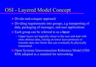 OSI - Layered Model Concept
 Divide-and-conquer approach
 Dividing requirements into groups, e.g transporting of
data, packaging of messages, end user applications
 Each group can be referred to as a layer
– Upper layers are logically closer to the user and deal with
more abstract data, relying on lower layer protocols to
translate data into forms that can eventually be physically
transmitted.
 Open Systems Interconnection Reference Model (OSI-
RM) adopted as a standard for networking
 