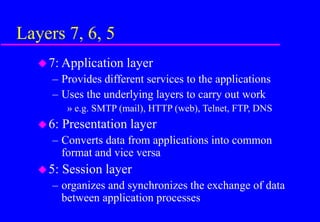Layers 7, 6, 5
7: Application layer
– Provides different services to the applications
– Uses the underlying layers to carry out work
» e.g. SMTP (mail), HTTP (web), Telnet, FTP, DNS
6: Presentation layer
– Converts data from applications into common
format and vice versa
5: Session layer
– organizes and synchronizes the exchange of data
between application processes
 