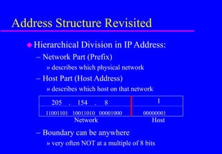 Address Structure Revisited
Hierarchical Division in IPAddress:
– Network Part (Prefix)
» describes which physical network
– Host Part (Host Address)
» describes which host on that network
– Boundary can be anywhere
» very often NOT at a multiple of 8 bits
Network Host
205 . 154 . 8 1
11001101 10011010 00001000 00000001
 