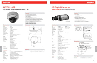 HIVDC-100P                                                                                                                                                                                 IP Digital Cameras
            True Day/Night Vandal Dome Network Camera, H.264                                                                                                                                           HWC-680P/N                                 IP Super High Resolution Color Camera



                                                                                                                       Features                                                                                                                                                                      Features
                                                                                                                       •  D1, HD1, VGA, QVGA, CIF or QCIF resolutions                                                                                                                                •   550TVL Resolution
                                                                                                                       •  1/3" color CCD, 540 TVL                                                                                                                                                    •   Camera Control by DIP switch
                                                                                                                       •  Excellent low light performance, down to 0.4 lux
                                                                                                                       •  Video Motion Detection                                                                                                                                                     •   Powerful 32bit ARM9 processor
                                                                                                                       •  H.264 compression                                                                                                                                                          •   OS: Embedded Linux
                                                                                                                       •  Remote firmware updates
                                                                                                                       •  Supports both Dynamic and Static IP addresses                                                                                                                              •   Video Encoding: Hardware Compress
                                                                                                                       •  Variable day/night threshold setting to accommodate switching to black                                                                                                         (MJPEG, MPEG1, MPEG2, MPEG4, DivX5)
                                                                                                                          and white images in low light                                                                                                                                              •   Static IP and support DHCP
                                                                                                                       • Multiple levels of password protected remote access prevents unauthorized
                                                                                                                          users from altering system settings                                                                                                                                        •   Alarm Sensor and support PTZ control connector
                                                                                                                       • Includes advanced IP locator software to make system setup easy                                                                                                             •   Allowed 10 clients connecting simultaneously
                                                                                                                       • Web server for remote setup of camera video and network parameters
                                                                                                                                                                                                                                                                        Lens Sold Separately         •   Able to save image and voice in client PC (only with NDC 4.0)
                                                                                                                       • 12 VDC/24 VAC or PoE IEEE 802.3af choice of power inputs
                                                                                                                       • IP 66 rated, resistant against water and dust
                                                                                                                       • Supports two-way audio
                                                                                                                       • Integration Compatibility - HUS, Hybrid DVR


            Specifications                                                                                             Dimensions                                                                      Specifications                                                                                Dimensions
            Model                          HIVDC-100P                                                                                                                                                  Model                   HWC-680P PAL                          HWC-680N NTSC
                                                                                                                                                        6.1”
            Video Standard                 PAL                                                                                                                                                         CCD Device              1/3" CCD (470K pixels)                1/3" CCD (410K pixels)
                                                                                                                                                     154.97 mm
            Scanning System                625/50 lines(PAL)                                                                                                                                           Effective Pixel         752H x 582V (440K pixels)             768H x 494V (380K pixels)
            Image Sensor                   1/3" CCD




                                                                                                                                                                                      46.0 mm
                                                                                                                                                                                                       Scanning System         625 lines, 2:1 Interface              525 lines, 2:1 Interface




                                                                                                                                                                                       1.81”
            Number of Pixels (H x V)       752 x 582(PAL)




                                                                                                                                                                                   67.0 mm
                                                                                                                                                                                                       Sync System             Internal




                                                                                                                                                                                     2.64”
            Minimum Illumination           0.6 lux color/0.4 lux BW @ 50 IRE, F1.3                                                                                                                     Horizontal Resolution   More than 550 TV lines




                                                                                                                                                                              117.5 mm
            Horizontal Resolution          Greater than 540 TVL                                                                                                                                        Video Output            VBS 1.0Vp-p, 75 Ohms driving, BNC




                                                                                                                                                                                4.61”
            Video Output                   1.0 Vp-p@75 Ohms                                                                                                                                            S/N Ratio               More than 50dB
            Sync System                    Internal
                                                                                                                                                                                                       Min. Illumination       0.1lx (F1.2, 30IRE, AGC On)
            S/N Ratio                      50 dB or more(AGC off)
                                                                                                                                                                                                       Electronic Shutter      1/50s ~ 1/100,000s                    1/60s ~ 1/100,000s
            Auto Gain Control              Off/On, selectable
                                                                                                                                                                                                       BMB                     On/Off
            Automatic Electronic Shutter   1/50 - 1/100,000 sec(PAL)
            Automatic Lens Control         DC Iris Level 1-25                                                                                                                                          BLC                     On/Off
                                                                                                                                     .4 8”
                                                                                                                                         m




            Lens Type                      Direct Drive(DC)2.8 mm to 10.0 mm Vari-focal Auto Iris, F1.3                                                                                                White Balance           AWB (2800K ~ 800K)
                                                                                                                                   50 1.9
                                                                                                                                       m




            White Balance                  ATW,User Fixed, AWC (Auto or Manual), Fluorescent,                                                                                                          Lens Mount              C / CS Mount
                                           MWB(Manual Mode), Indoor, Outdoor                                                                                                                           ALC                     ELC, ALC (VSD/DC)
            Back Light Compensation        Off/On (Low, Mid, High)                                                                                                                                     Hardware                CPU: 32 bit ARM9 Processor
            Flickerless                    Off/On, switchable                                                                                                                                                                  Flash Memory: 4Mbyte
            Gamma                          0.45                                                                                                                                                                                SDRAM: 16Mbyte
            Audio/Two-Way                  Line in/out                                                                                                                                                                         Codec: Hardware Encoder included
            Input Voltage                  12 VDC/24 VAC, PoE IEEE 802.3af                                                         2.05"                                                               OS                      Embedded Linux
            Input Range                    11~16 VDC, 17~28 VAC                                                                   52 mm                                                                Video Encoding          Compression: MJPEG / MPEG1 / MPEG2 / MPEG4 / DivX5.0 (Default)
            Surge Suppression              1.5 kW transient                                                                                                                          4.09"                                                                                                                                                                                 (Unit : mm)
                                                                                                                                                                                                                               Frame Rates: NTSC: 1-15 and 30fps, pal: 1-15 and 25fps
            Power Consumption              8 W (max)                                                                                                                                104 mm                                     Bit Rates: 32Kbps ~ 4Mbps
            Weight                         3.0 lb (1.3 kg) camera only
            Construction                   Housing: Aluminum
                                                                                                                                                                                                       Audio
                                                                                                                                                                                                                               Resolution: D1, 4CIF, VGA, CIF, QVGA, QCIF, QQVGA
                                                                                                                                                                                                                               Input: Line-level Input
                                                                                                                                                                                                                                                                                                     Connections
                                           Finish: Cool Gray Powder Coat
                                                                                                                                                                                                                               Output: 250mW of Audio Power into an 8Ohm Speaker
                                           Dome: Polycarbonate                                                                                                                                                                                                                                                                     Lens Connector
            Connector                      Aux Video Output: 2-pin connector for video test cable                                                                                                      Audio Compression       Streamer to PC: ADPCM
                                                                                                                                                                                                                               PC to Streamer: MP3                                                                                        DC Iris Lens Level Control Output
                                           Power Input: Removable screw block
                                           Alarm I/O: Removable screw block                                                                                                                            Performance             Decoding Rate: 30 fps (NTSC) / 25 fps (PAL) at D1 size within local
                                           Network: RJ45 connector                                                                                                                                                             network
                                           Audio In: Removable screw block                                                                                                                             Protocol                TCP/IP, Telnet, HTP, FTP, DHCP, PPPoE                                                                                      Mode Selection DIP S/W
                                           Audio Out: Removable screw block
                                                                                                                                                         3.54"                                         Network Connection      Wired: 10/100 Based - T Fast Ethernet
            Temperature                    Operating: -10°C to 50°C                                                                                     90 mm                                                                  Max. No. of Clients: 10                                                                                                          Video Output
                                                                                                                                                                                         (Unit : mm)
IP CAMERA




                                                                                                                                                                                                                                                                                                                                                                                              IP CAMERA
                                           Storage: -20°C to 60°C                                                                                                                                      Serial Connection       RS-485: Transparent, Scandome II, HD6, VCL, Pelco etc.
            Relative Humidity              0% to 85%, non-condensing                                                                                                                                   Alarm                   Input: 1ch, Dray-Contact, NC/NO Selectable
                                                                                                                                                                                                                                                                                                                                                                  Lens Select Switch
            Thermostat Operation           Thermostatically controlled to activate <45°C                                                                                                                                       Output: 1ch, Relay Output (DC 12V / 200mA)                                                                                         (Auto Iris, DC Iris)
            Rating                         IP66                                                                                                                                                        Access Level            Admin / User / Guest

            IP Specifications
                                                                                                                       Ordering                                                                        Operating Temperature   0°C ~ 50°C
                                                                                                                                                                                                       Storage Temperature     -10°C ~ 60°C
            Video Compression              H.264                                                                       HIVDC-100P          True Day Night Vandal Dome Network Camera, 540 TVL,         Operating Humidity      0% RH ~ 80% RH (Non-condensing)
            Resolutions                    D1: 720 x 576, HD1: 720 x 288, VGA: 640 x 480, QVGA: 320 x 240,
                                           CIF: 352 x 288, QCIF: 176x144
                                                                                                                                           2.8 - 10mm VFAI, 12 VDC/24 VAC or PoE IEEE 802.3af, PAL     Power Consumption       DC 12V / 0.7A, Max. 8.4 W
                                                                                                                                                                                                       Power Source            DC 12V / 1.2A
            Frame Rate PAL                 Up to 25 fps video in all resolutions
            Video Streaming                H.264 controllable frame rate and bandwidth.                                                                                                                Material / Color        Steel / Black Patining                                                             Power Input       Audio Output
                                           Constant or variable bit rate                                                                                                                               Weight                  950g (including Package)
                                                                                                                                                                                                       Dimensions              62(W) x 65.6(H) x 113(D) mm                                                           Ethernet Connector
            Security                       Multiple user access levels with password protection
            Users                          1 Administrator, 4 Guests                                                                                                                                   Certification           FCC / CE
            Video Access from Web          Camera live view for up to 5 clients. Full control of all camera settings
            Browser                        available to administrator                                                                                                                                  PC Requirements                                                                               Ordering
            Minimum Web Browsing           Pentium IV CPU 2.4 GHz or equivalent AMD,                                                                                                                   Network                 10 / 100 Based-T LAN
            Requirements                   512 MB RAM, AGP graphics card 32 MB RAM                                                                                                                     Client PC               Processor: Pentium-4 or Above                                         HWC-680P                   IP Color Camera, Super HAD, 0.1 lx, 550TVL, PAL
                                           Windows XP 2000,Internet Explorer 6.0 or later                                                                                                                                      RAM: 256 MB or Above                                                  HWC-680N                   IP Color Camera, Super HAD, 0.1 lx, 550TVL, NTSC
            Supported Protocols            HTTP, RTSP, RTP, SSL/TLS, PPPoE, UDP,                                                                                                                                               OS: Windows 2000 or Windows XP
                                           TCP, IP, Telnet, ICMP, ARP, NTP, IGMP                                                                                                                                               Graphic Card: 128 MB Video Memory, DirectX 9.0


            72                                                                                                                                                                                                                                                                                                                                                                           73
 