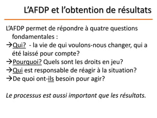 L’AFDP et l’obtention de résultats
L’AFDP permet de répondre à quatre questions
fondamentales :
Qui? - la vie de qui voulons-nous changer, qui a
été laissé pour compte?
Pourquoi? Quels sont les droits en jeu?
Qui est responsable de réagir à la situation?
De quoi ont-ils besoin pour agir?
Le processus est aussi important que les résultats.
 