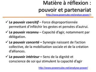 Matière à réflexion :
pouvoir et partenariat
(http://www.powercube.net/analyse-power/ )
http://www.powercube.net/analyse-power/
 Le pouvoir coercitif – Force disproportionnée
permettant d’infléchir les gestes et pensées d’autrui.
 Le pouvoir reconnu – Capacité d’agir, notamment par
délégation.
 Le pouvoir concerté – Synergie naissant de l’action
collective, de la mobilisation sociale et de la création
d’alliances.
 Le pouvoir intérieur – Sens de la dignité et
conscience de soi qui stimulent la capacité d’agir
 