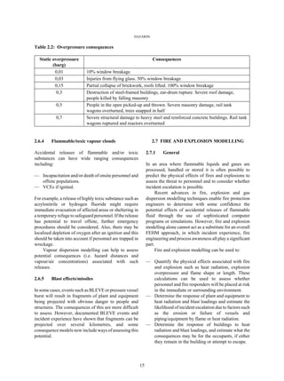 HAZARDS
15
Table 2.2: Overpressure consequences
Static overpressure
(barg)
Consequences
0,01 10% window breakage
0,03 Injuries from flying glass. 50% window breakage
0,15 Partial collapse of brickwork, roofs lifted. 100% window breakage
0,3 Destruction of steel-framed buildings, ear-drum rupture. Severe roof damage,
people killed by falling masonry
0,5 People in the open picked-up and thrown. Severe masonry damage, rail tank
wagons overturned, trees snapped in half
0,7 Severe structural damage to heavy steel and reinforced concrete buildings. Rail tank
wagons ruptured and reactors overturned
2.6.4 Flammable/toxic vapour clouds
Accidental releases of flammable and/or toxic
substances can have wide ranging consequences
including:
— Incapacitation and/or death of onsite personnel and
offsite populations.
— VCEs if ignited.
For example, a release of highly toxic substance such as
acrylonitrile or hydrogen fluoride might require
immediate evacuation of affected areas or sheltering in
a temporary refuge to safeguard personnel. If the release
has potential to travel offsite, further emergency
procedures should be considered. Also, there may be
localised depletion of oxygen after an ignition and this
should be taken into account if personnel are trapped in
wreckage.
Vapour dispersion modelling can help to assess
potential consequences (i.e. hazard distances and
vapour/air concentrations) associated with such
releases.
2.6.5 Blast effects/missiles
In some cases, events such as BLEVE or pressure vessel
burst will result in fragments of plant and equipment
being projected with obvious danger to people and
structures. The consequences of this are more difficult
to assess. However, documented BLEVE events and
incident experience have shown that fragments can be
projected over several kilometres, and some
consequence models now include ways of assessing this
potential.
2.7 FIRE AND EXPLOSION MODELLING
2.7.1 General
In an area where flammable liquids and gases are
processed, handled or stored it is often possible to
predict the physical effects of fires and explosions to
assess the threat to personnel and to consider whether
incident escalation is possible.
Recent advances in fire, explosion and gas
dispersion modelling techniques enable fire protection
engineers to determine with some confidence the
potential effects of accidental releases of flammable
fluid through the use of sophisticated computer
programs or simulations. However, fire and explosion
modelling alone cannot act as a substitute for an overall
FEHM approach, in which incident experience, fire
engineering and process awareness all play a significant
part.
Fire and explosion modelling can be used to:
— Quantify the physical effects associated with fire
and explosion such as heat radiation, explosion
overpressure and flame shape or length. These
calculations can be used to assess whether
personnel and fire responders will be placed at risk
in the immediate or surrounding environment.
— Determine the response of plant and equipment to
heat radiation and blast loadings and estimate the
likelihood of incident escalation due to factors such
as the erosion or failure of vessels and
piping/equipment by flame or heat radiation.
— Determine the response of buildings to heat
radiation and blast loadings, and estimate what the
consequences may be for the occupants, if either
they remain in the building or attempt to escape.
 