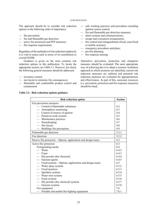 FEHM PROCEDURE
25
The approach should be to consider risk reduction
options in the following order of importance:
— fire prevention;
— fire and flammable gas detection;
— active fire protection and PFP measures;
— fire response requirements.
Regardless of the method(s) of risk reduction employed,
it is vital to assess each in terms of its contribution to
overall FEHM.
Guidance is given on the most common risk
reduction options in this publication. To locate the
appropriate section, see Table 3.1. However, for clarity
the following general measures should be addressed:
— inventory control;
— site layout to minimise fire consequences;
— flammable and combustible product control and
containment;
— safe working practices and procedures including
ignition source control;
— fire and flammable gas detection measures;
— alarm systems and communications;
— escape and evacuation arrangements;
— fire control and extinguishment (fixed, semi-fixed
or mobile systems);
— emergency procedures and plans;
— pre-fire planning;
— fire response training.
Alternative prevention, protection and mitigation
measures should be evaluated. The most appropriate
way of achieving this is to adopt a scenario worksheet
approach in which scenarios are identified, current risk
reduction measures are outlined and potential risk
reduction measures are evaluated for appropriateness
and effectiveness. As part of this, necessary resources
(i.e. prevention, protection and fire response measures)
should be listed.
Table 3.1: Risk reduction options guidance
Risk reduction option Section
Fire prevention measures
— Control of flammable substances
— Atmospheric monitoring
— Control of sources of ignition
— Permit-to-work systems
— Maintenance practices
— Housekeeping
— Site layout
— Buildings fire precautions
4.2
4.3
4.4
4.5
4.6
4.7
4.8
4.9
Flammable gas detection 5.2.1
Fire detection 5.2.2
Passive fire protection – Options, applications and design issues 6.2
Active fire protection
Extinguishing media
— Water
— Foam
— Dry powder (dry chemical)
— Gaseous agents
— Fixed systems – Options, applications and design issues
— Water spray systems
— Fixed monitors
— Sprinkler systems
— Water mist systems
— Foam systems
— Dry powder (dry chemical) systems
— Gaseous systems
Fire equipment
— Portable and mobile fire-fighting equipment
6.3
6.4
6.4.2
6.4.3
6.4.4
6.4.5
6.5
6.5.2
6.5.3
6.5.4
6.5.5
6.5.6
6.5.7
6.5.8
7.6
7.6.1
 