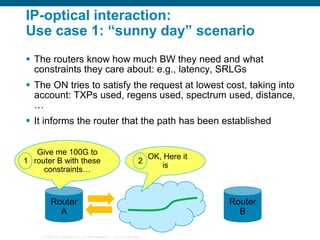IP-optical interaction:
Use case 1: “sunny day” scenario
 The routers know how much BW they need and what
constraints they care about: e.g., latency, SRLGs
 The ON tries to satisfy the request at lowest cost, taking into
account: TXPs used, regens used, spectrum used, distance,
…
 It informs the router that the path has been established
Give me 100G to
1 router B with these
constraints…

2

Router
A
© 2006 Cisco Systems, Inc. All rights reserved.

OK, Here it
is

Router
B
Cisco Confidential

 