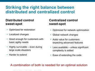 Striking the right balance between
distributed and centralized control
Distributed control
sweet-spot

Centralized control
sweet-spot

• Optimized for restoration

• Optimized for network optimization

• Localized changes

• Global network changes

• Good enough for customers with
basic agility needs

• Adds value for customers
expecting advanced features

• Highly survivable – even during
large scale disasters

• Less available – unless significant
complexity is added

• Harder to extend

• Ease of extending the code

A combination of both is needed for an optimal solution
© 2006 Cisco Systems, Inc. All rights reserved.

Cisco Confidential

 