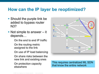 How can the IP layer be reoptimized?
 Should the purple link be
added to bypass router
N3?
 Not simple to answer – it
depends…
On the end to end IP traffic
On the routing metric
assigned to the link
On use of IP load balancing
On share risks between the
new link and existing ones
On protection capacity
elsewhere
© 2006 Cisco Systems, Inc. All rights reserved.

Cisco Confidential

This requires centralized ML SDN
that know the entire network

 