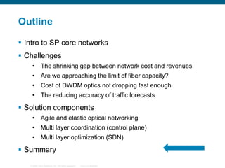 Outline
 Intro to SP core networks
 Challenges
• The shrinking gap between network cost and revenues
• Are we approaching the limit of fiber capacity?

• Cost of DWDM optics not dropping fast enough
• The reducing accuracy of traffic forecasts

 Solution components
• Agile and elastic optical networking
• Multi layer coordination (control plane)
• Multi layer optimization (SDN)

 Summary
© 2006 Cisco Systems, Inc. All rights reserved.

Cisco Confidential

 