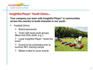 Insightful Player® Youth Clinics…
Your company can team with Insightful Player® in communities
across the country to build character in our youth.
   Football Clinics
      Brand-sponsored
     Team with local youth groups
    (Boys and Girls clubs, e.g..)
     Local Insightful Player ® hosts the
    event
     Events to be scheduled prior to
    summer NFL training camps
     Media invited to cover events




                                                               16
 