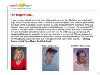 The Inspiration…
“I was born into football and it has been a big part of my entire life. My father was a dedicated
High School Coach (in several Halls of Fame as a coach and player) who used the game to help
kids build strong character and learn valuable life skills. He taught me the importance of having
sky high values, rock solid integrity and an unshakable belief in my dreams. Partnering with NFL
players to make this world a better place is my dream. My late mother was the epitome of pure
love and the kindest person I have ever known. Her love for children was awe-inspiring. She
always had hot cookies waiting for us when we came home from school. After we grew up and
left home, she joyfully continued the tradition with children she didn’t even know. She spent her
life lifting people up and when she was feeling down which wasn’t often she did.” -- Chrissy
Carew, Hall of Fame Master Certified Coach

Chrissy Carew                      Walter Carew, Sr.                  Catherine Mary Carew




                                                                                                    4
 