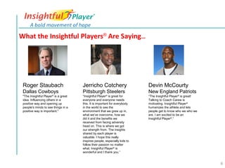 What the Insightful Players® Are Saying…




 Roger Staubach                      Jerricho Cotchery                     Devin McCourty
 Dallas Cowboys                      Pittsburgh Steelers                   New England Patriots
 "The Insightful Player is a great
                      ®              “Insightful Player is great for
                                                      ®
                                                                           “The Insightful Player® is great!
 idea. Influencing others in a       everyone and everyone needs           Talking to Coach Carew is
 positive way and opening up         this. It is important for everybody   motivating. Insightful Player®
 people's minds to see things in a   in the world to see the               humanizes the athlete and lets
 positive way is important."         environment that we grew up in,       people get to know who we who we
                                     what we’ve overcome, how we           are. I am excited to be an
                                     did it and the benefits we            Insightful Player®.”
                                     received from facing adversity
                                     head on. This is where we got
                                     our strength from. The insights
                                     shared by each player is
                                     valuable. I hope this really
                                     inspires people, especially kids to
                                     follow their passion no matter
                                     what. Insightful Player® is
                                     wonderful and I thank you.”


                                                                                                               6
 