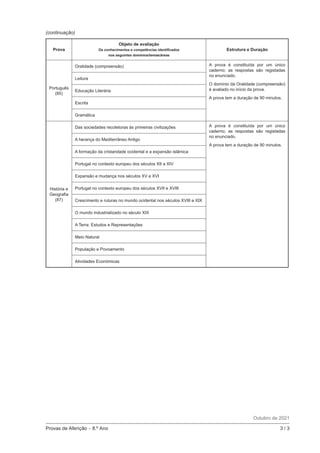 Provas de Aferição - 8.º Ano	 3 / 3
(continuação)
Prova
Objeto de avaliação
Os conhecimentos e competências identificados
nos seguintes domínios/temas/áreas
Estrutura e Duração
Português
(85)
Oralidade (compreensão) A prova é constituída por um único
caderno; as respostas são registadas
no enunciado.
O domínio da Oralidade (compreensão)
é avaliado no início da prova.
A prova tem a duração de 90 minutos.
Leitura
Educação Literária
Escrita
Gramática
História e
Geografia
(87)
Das sociedades recoletoras às primeiras civilizações A prova é constituída por um único
caderno; as respostas são registadas
no enunciado.
A prova tem a duração de 90 minutos.
A herança do Mediterrâneo Antigo
A formação da cristandade ocidental e a expansão islâmica
Portugal no contexto europeu dos séculos XII a XIV
Expansão e mudança nos séculos XV e XVI
Portugal no contexto europeu dos séculos XVII e XVIII
Crescimento e ruturas no mundo ocidental nos séculos XVIII e XIX
O mundo industrializado no século XIX
A Terra: Estudos e Representações
Meio Natural
População e Povoamento
Atividades Económicas
Outubro de 2021
 