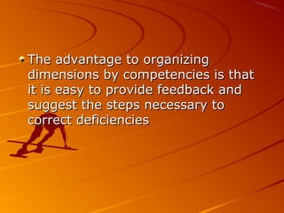 The advantage to organizingThe advantage to organizing
dimensions by competencies is thatdimensions by competencies is that
it is easy to provide feedback andit is easy to provide feedback and
suggest the steps necessary tosuggest the steps necessary to
correct deficienciescorrect deficiencies
 