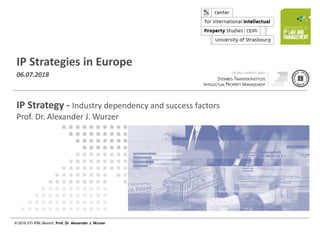 © 2018 STI-IPM, Munich, Prof. Dr. Alexander J. Wurzer
Page 1 of 64
© 2018 STI-IPM, Munich, Prof. Dr. Alexander J. Wurzer
IP Strategies in Europe
06.07.2018
IP Strategy - Industry dependency and success factors
Prof. Dr. Alexander J. Wurzer
 