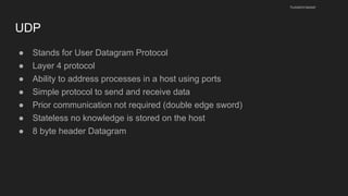 UDP
● Stands for User Datagram Protocol
● Layer 4 protocol
● Ability to address processes in a host using ports
● Simple protocol to send and receive data
● Prior communication not required (double edge sword)
● Stateless no knowledge is stored on the host
● 8 byte header Datagram
husseinnasser
 